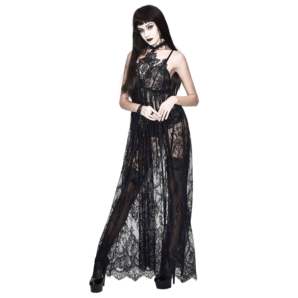 Sexy Long Transparent Lace Dress / Romantic Black Dresses With Lace Chocker - HARD'N'HEAVY