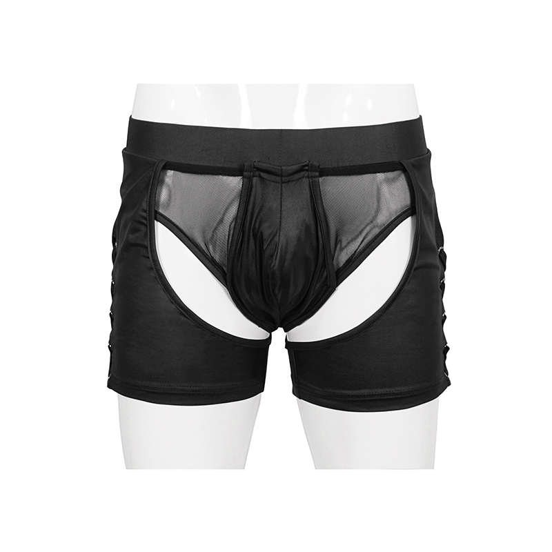 Sexy men's black see-through underwear featuring side lace-up design and elastic waistband for a striking alternative style.