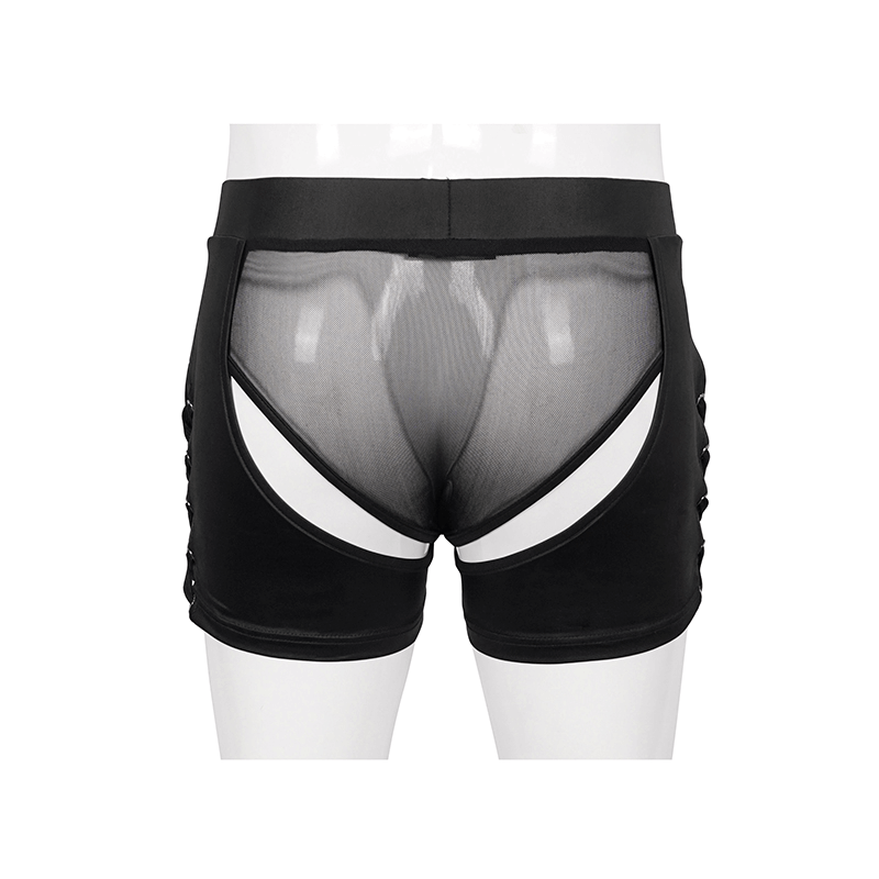 Men's sexy black see-through underwear with side lace-up detail, showcasing a daring transparent design.