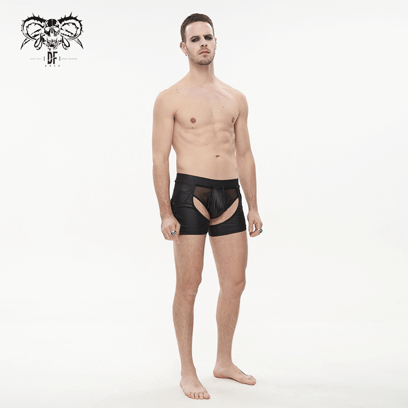 Model showcasing sexy men's black see-through underwear with side lace-up details and alternative elastic waistband.