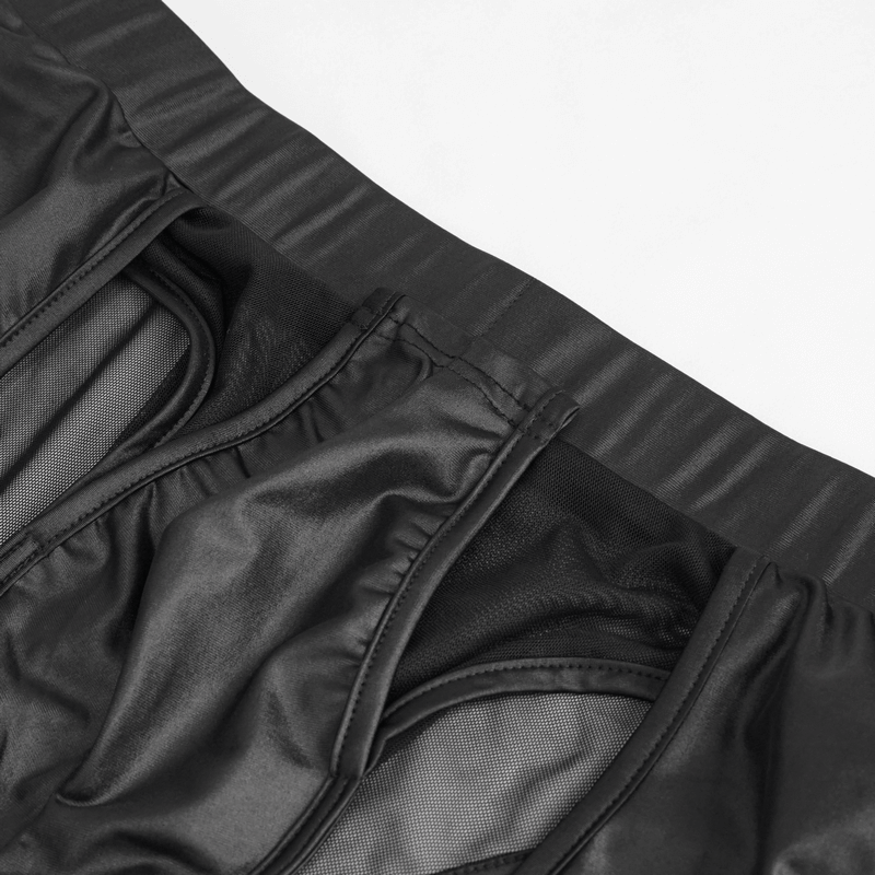 Close-up of sexy black men's see-through underwear showcasing lace-up sides and elastic waistband.