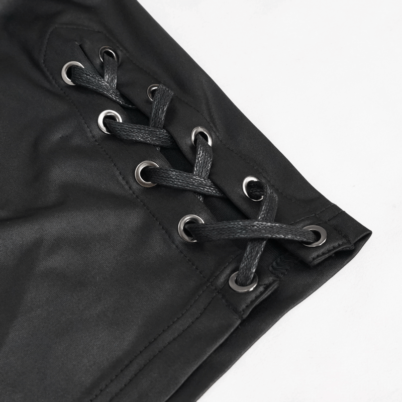 Close-up of black men's see-through underwear featuring stylish side lace-up detail.