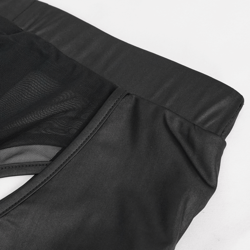 Close-up of men's black see-through underwear with elastic waistband and side lace-up detailing.