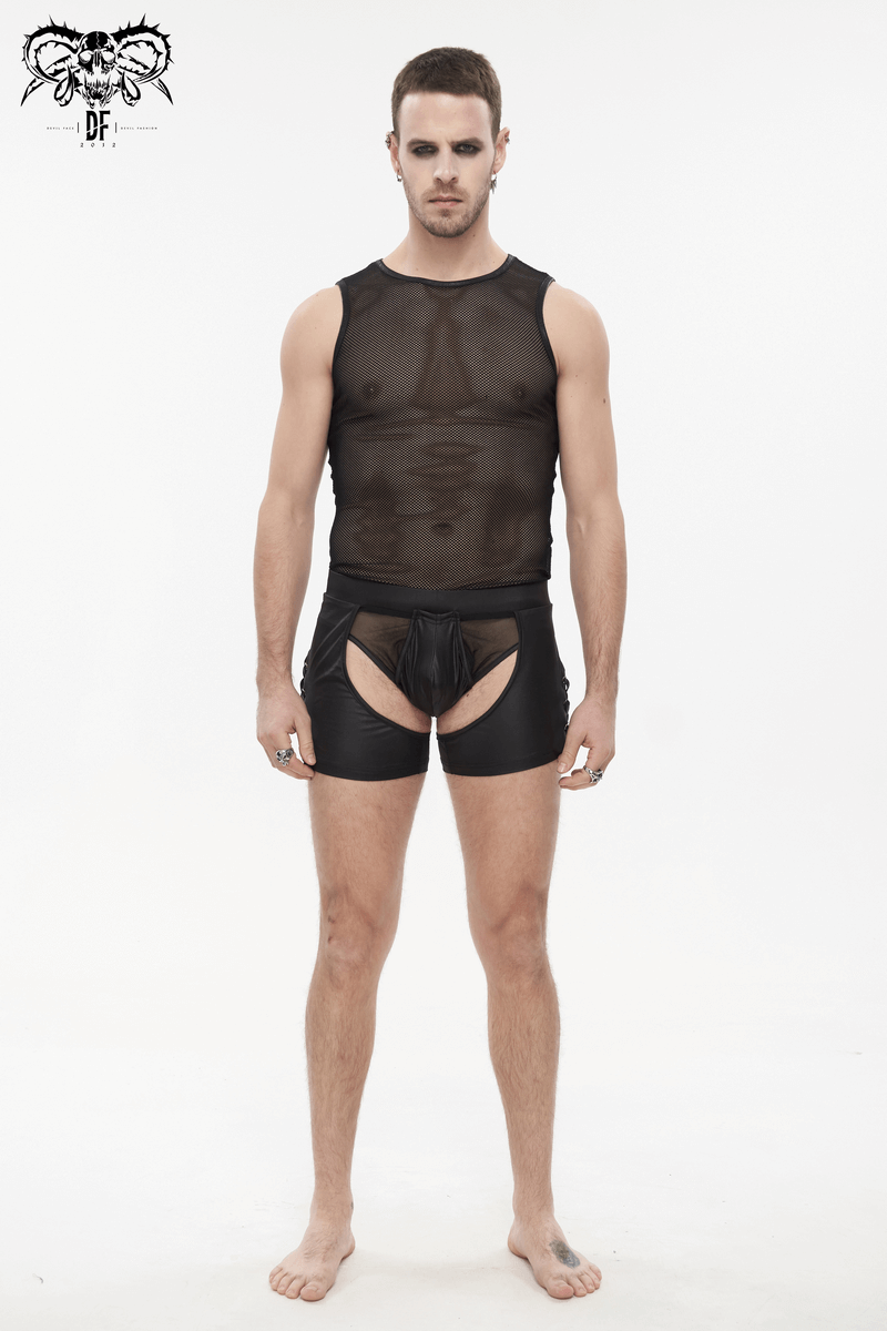 Model in black see-through underwear with side lace-up design, showcasing alternative fashion for men.