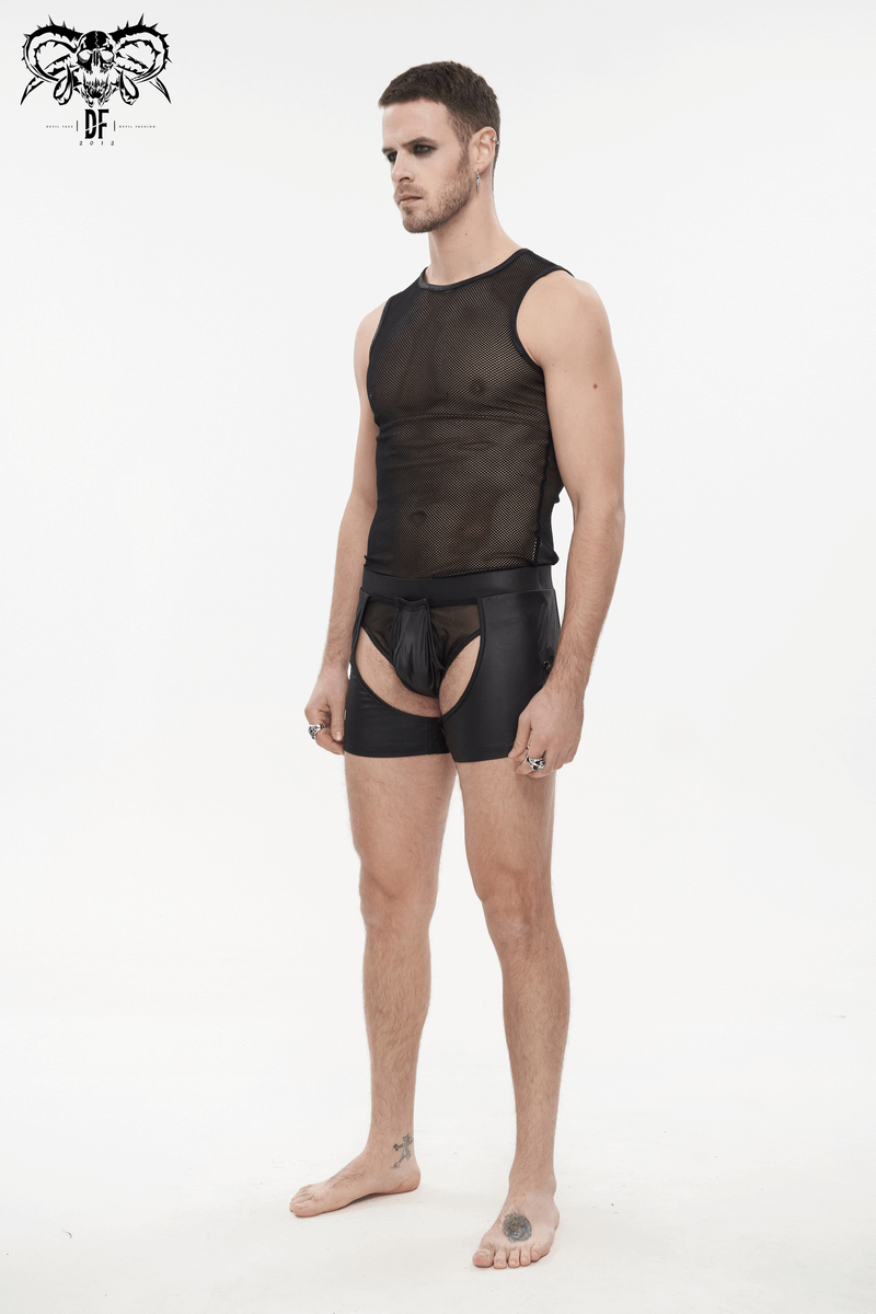Model showcasing sexy men's see-through underwear with side lace-up detail and sheer top, perfect for alternative styles.