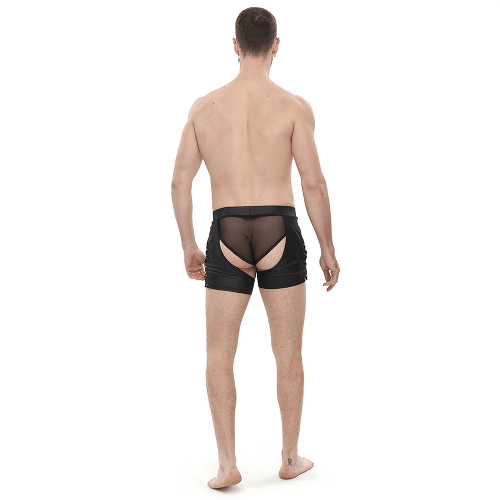 Men's sexy black see-through underwear with side lace-up details, showcasing a daring back view.