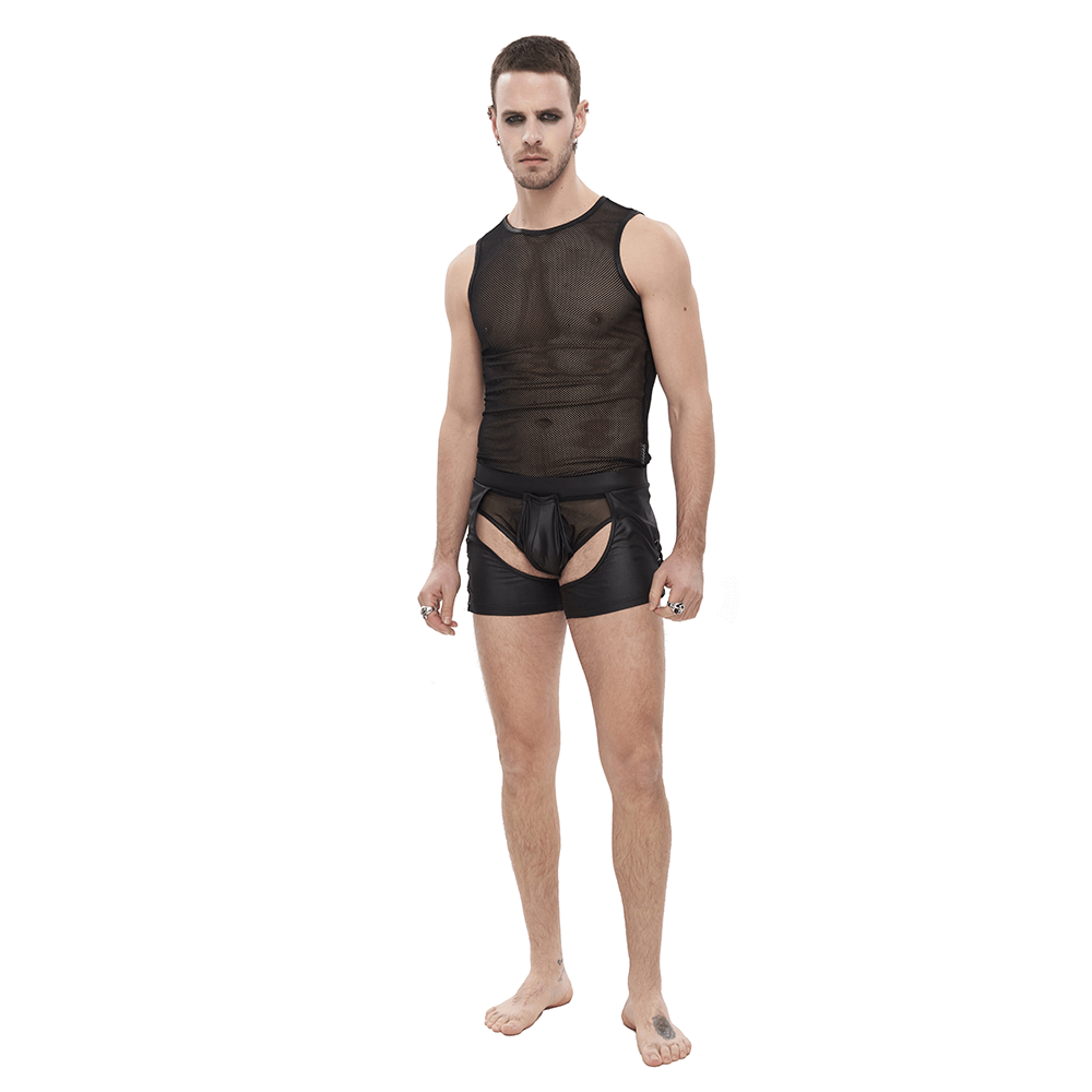 Men's sexy black see-through underwear with side lace-up details and transparent fabric for an alternative style.