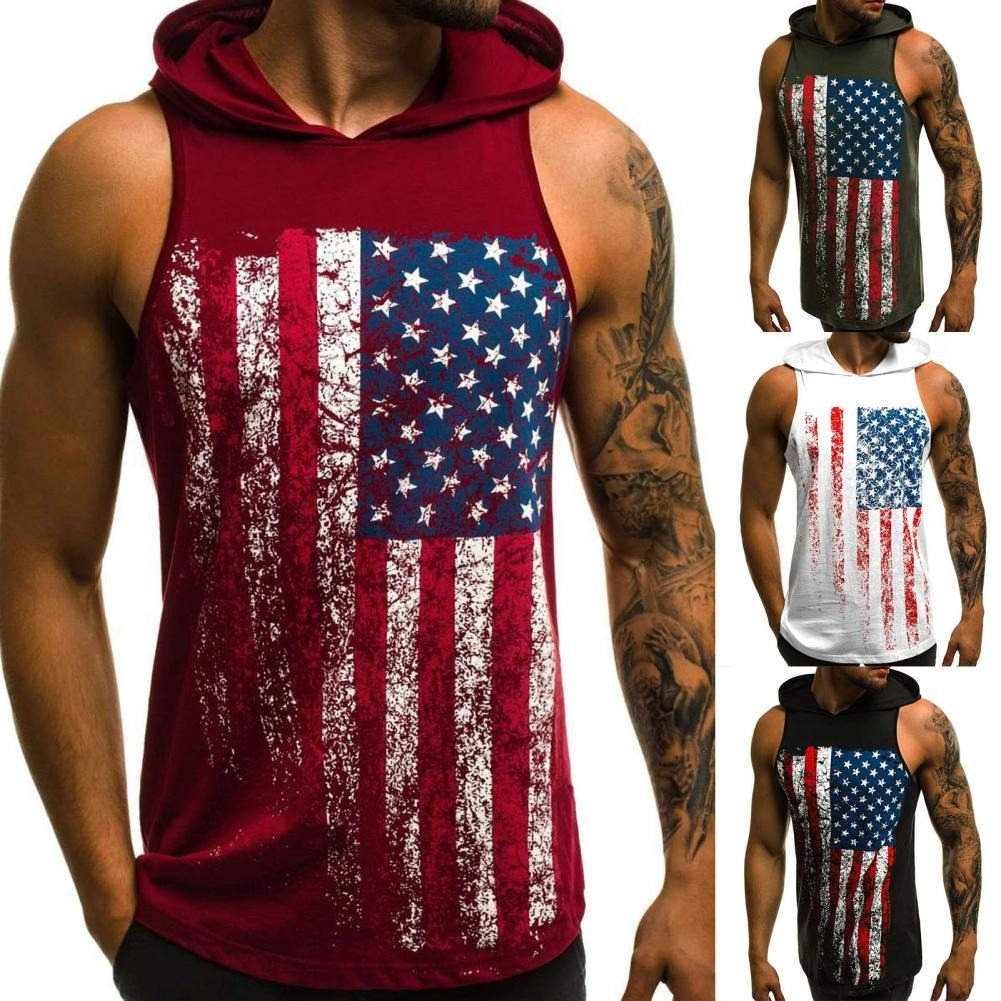 Men's sleeveless casual tank top with American flag print and hood, available in red, white, and black.