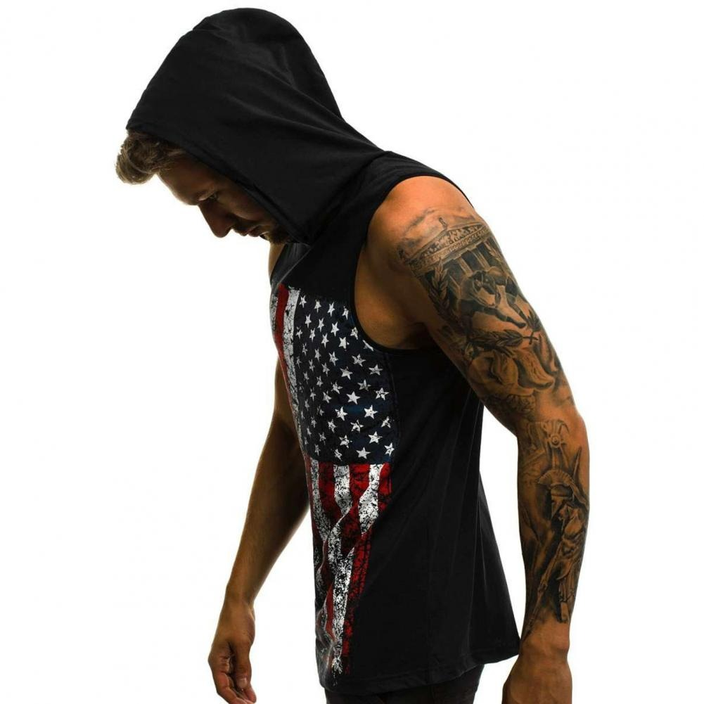 Men's sleeveless hoodie tank top featuring American flag print, perfect for casual summer style.