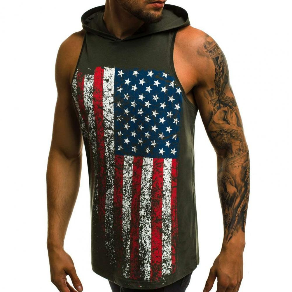 CLEARANCE / Sexy Men's clothing Sleeveless with American Flag Print / Casual Summer Tank Top with Hoodie - HARD'N'HEAVY