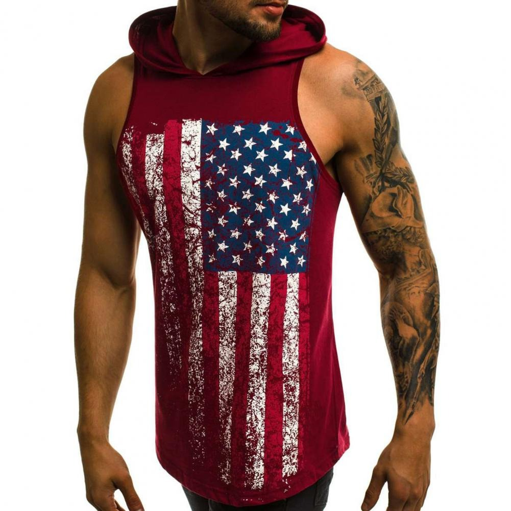 Men's sleeveless hoodie tank top with American flag print, perfect for casual summer outings.