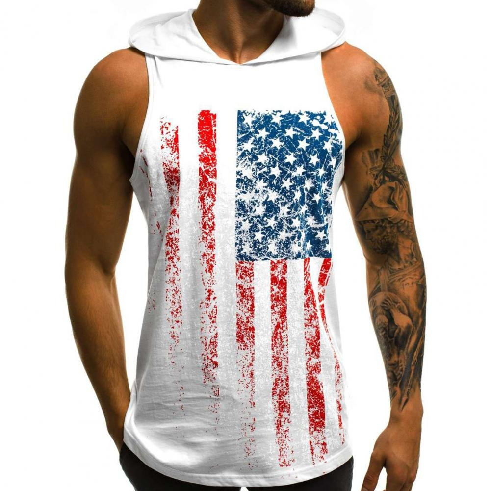 Men's sleeveless tank top with American flag print, casual summer hoodie for stylish comfort.