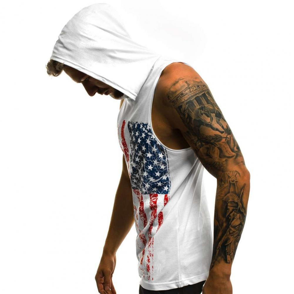 Men's sleeveless tank top with American flag print and hoodie, perfect for casual summer wear.