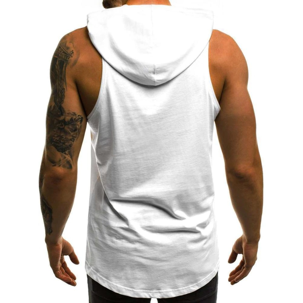 Men's sleeveless summer tank top with hoodie, showcasing a stylish white design from the back.