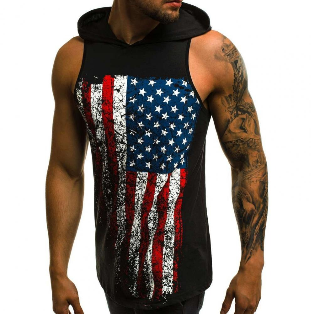 Stylish men's sleeveless casual summer tank top with American flag print and hoodie.