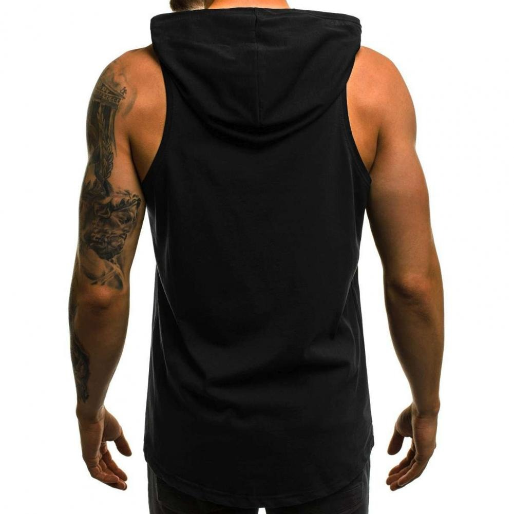 Men's sleeveless black tank top with hoodie, showcasing muscular back and casual style for summer.