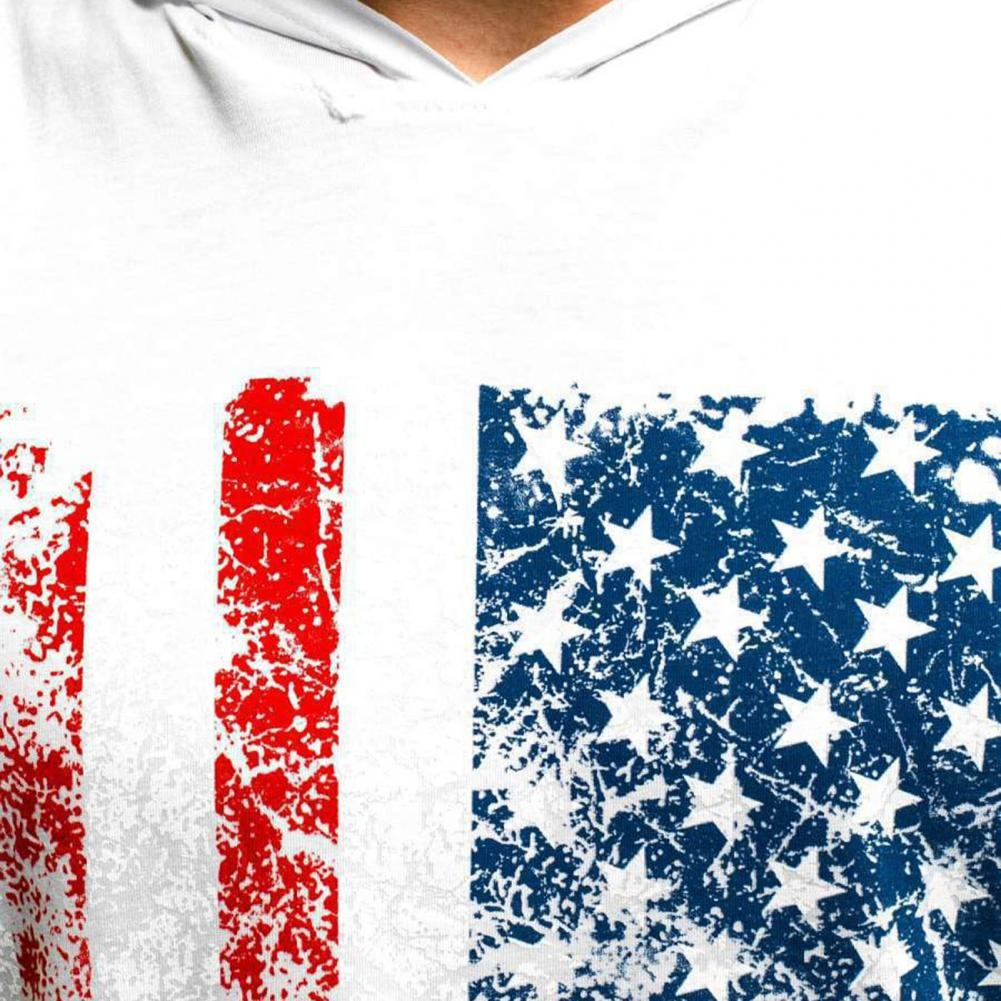 Close-up of a sleeveless casual tank top featuring a distressed American flag print in red, white, and blue.