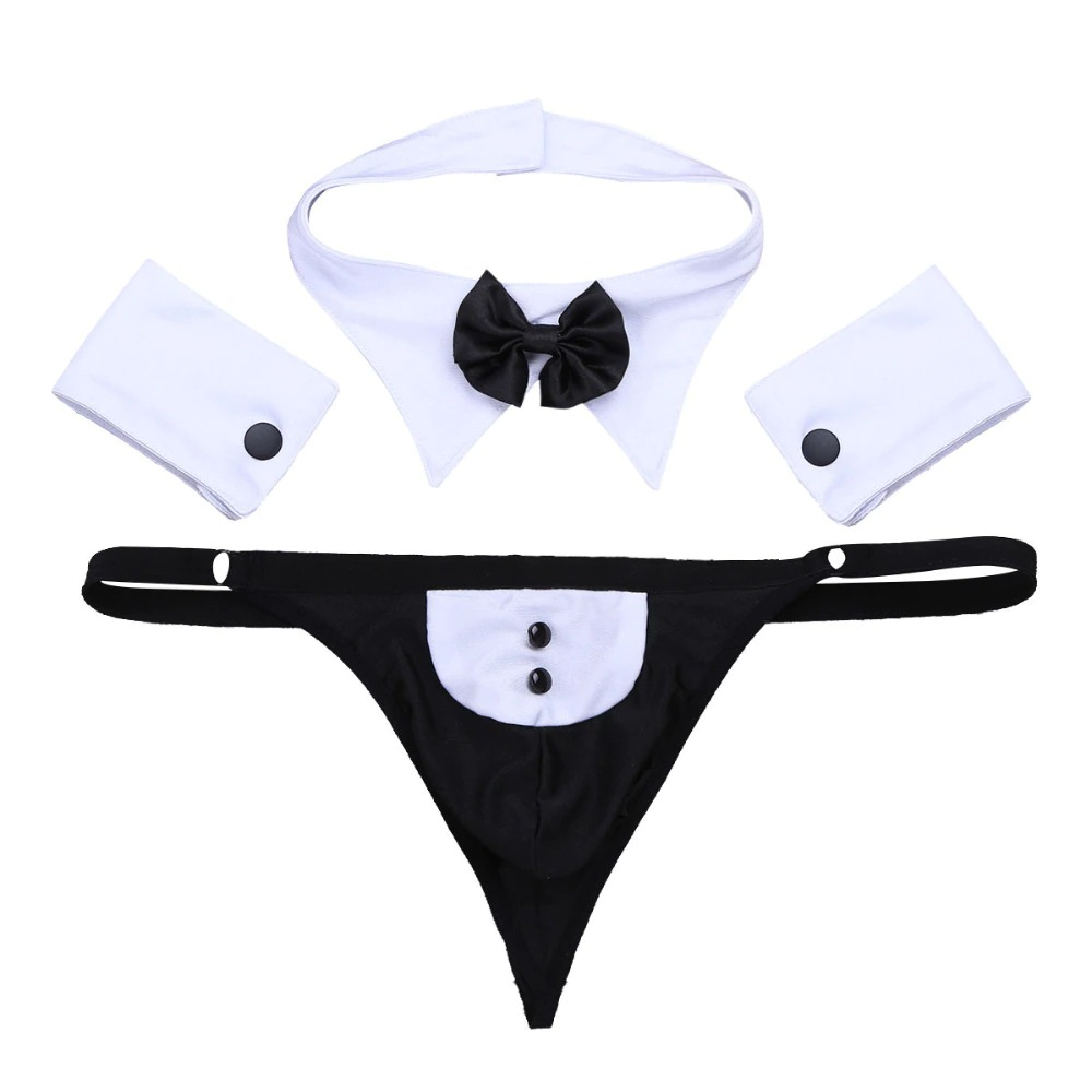 Sexy men's costume set featuring a tuxedo thong, bow tie, and collar cuffs for playful role-playing outfits.