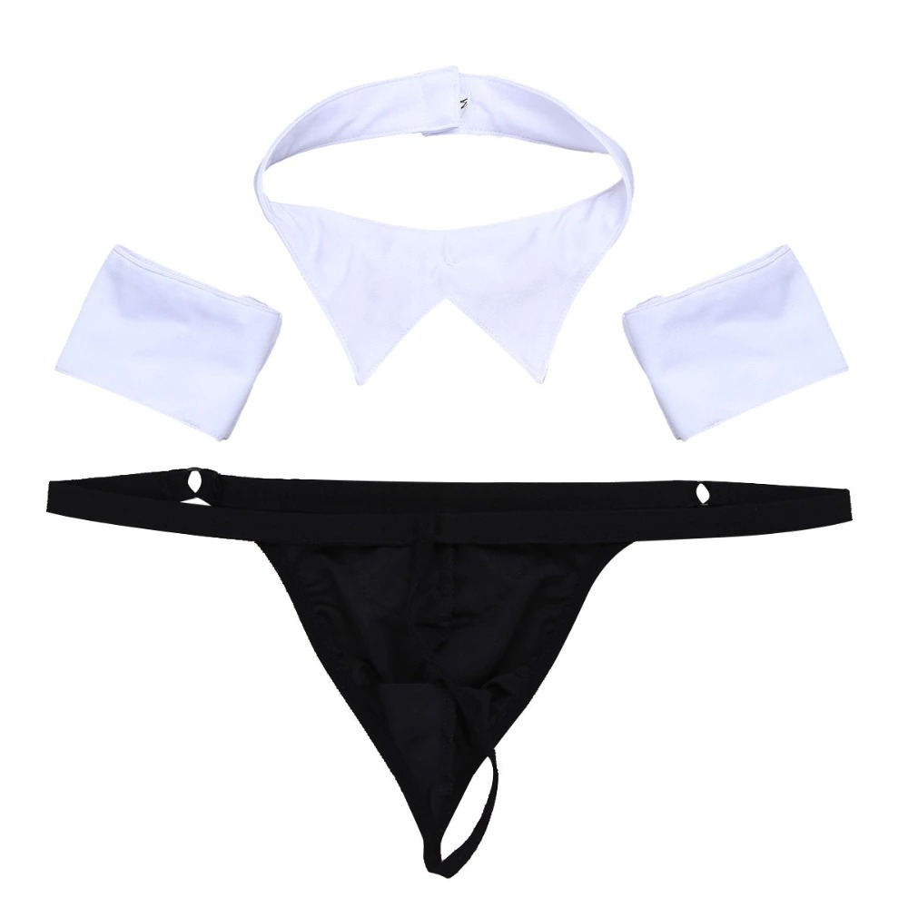 Exotic sexy men's costume set with black thong, white bow tie collar, and cuffs for role-playing games.