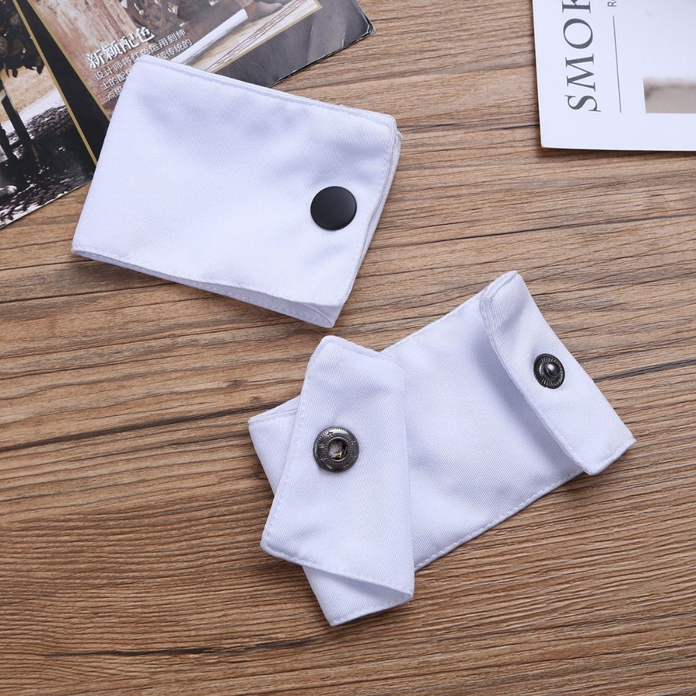 Elegant white cuff accessories featuring button closures, perfect for enhancing costumes or formal attire.