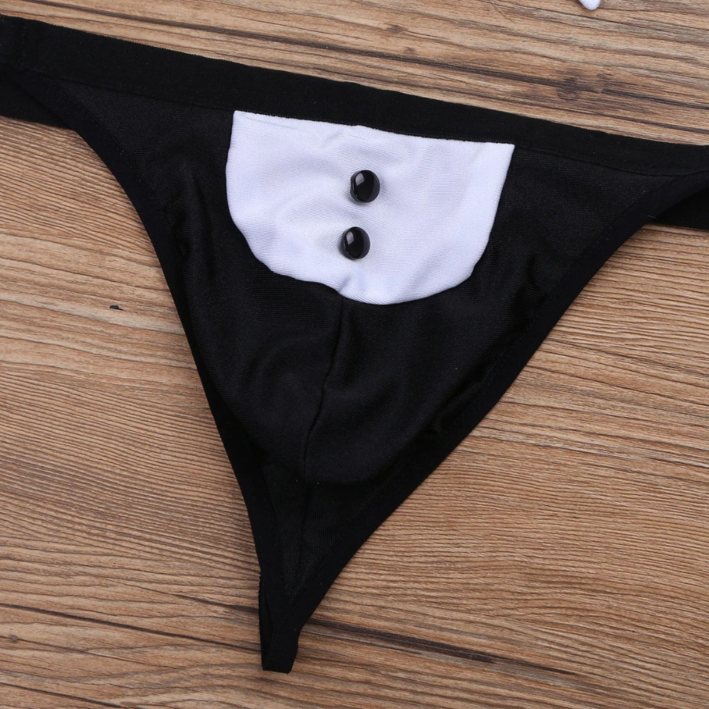 Open suit tuxedo thong for men, perfect for role-playing games and sexy costume fun.