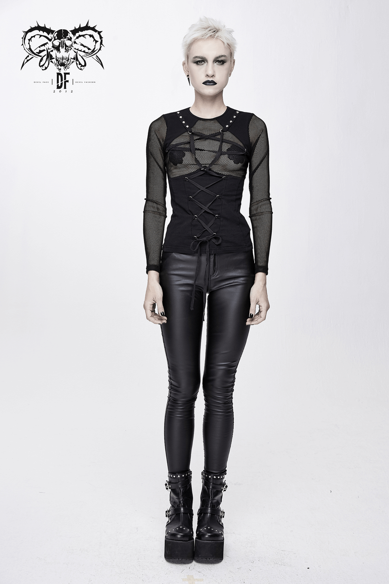Sexy Mesh Lace Up Top with Pentagram Design / Gothic Style Mesh Sleeves Stretch Top Tee - HARD'N'HEAVY
