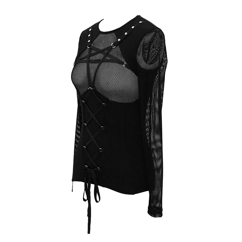 Sexy Mesh Lace Up Top with Pentagram Design / Gothic Style Mesh Sleeves Stretch Top Tee - HARD'N'HEAVY