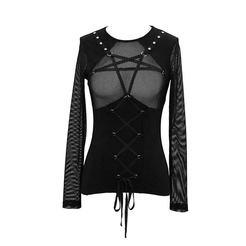 Sexy Mesh Lace Up Top with Pentagram Design / Gothic Style Mesh Sleeves Stretch Top Tee - HARD'N'HEAVY