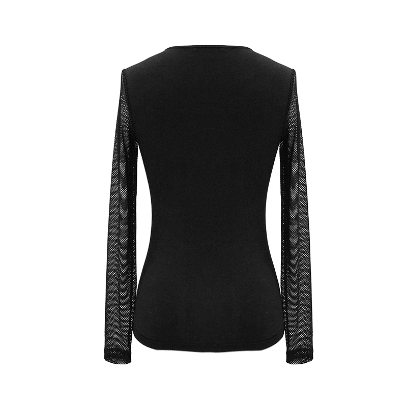 Sexy Mesh Lace Up Top with Pentagram Design / Gothic Style Mesh Sleeves Stretch Top Tee - HARD'N'HEAVY