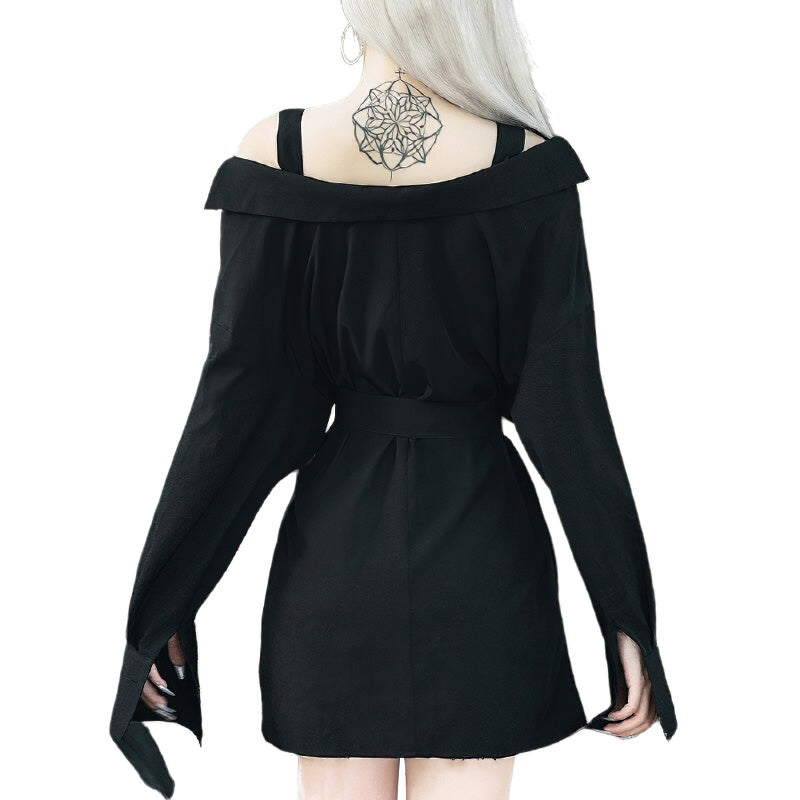 Sexy Mini Black Dress With Off Shoulder / Long Sleeve Casual Dress With Belt - HARD'N'HEAVY