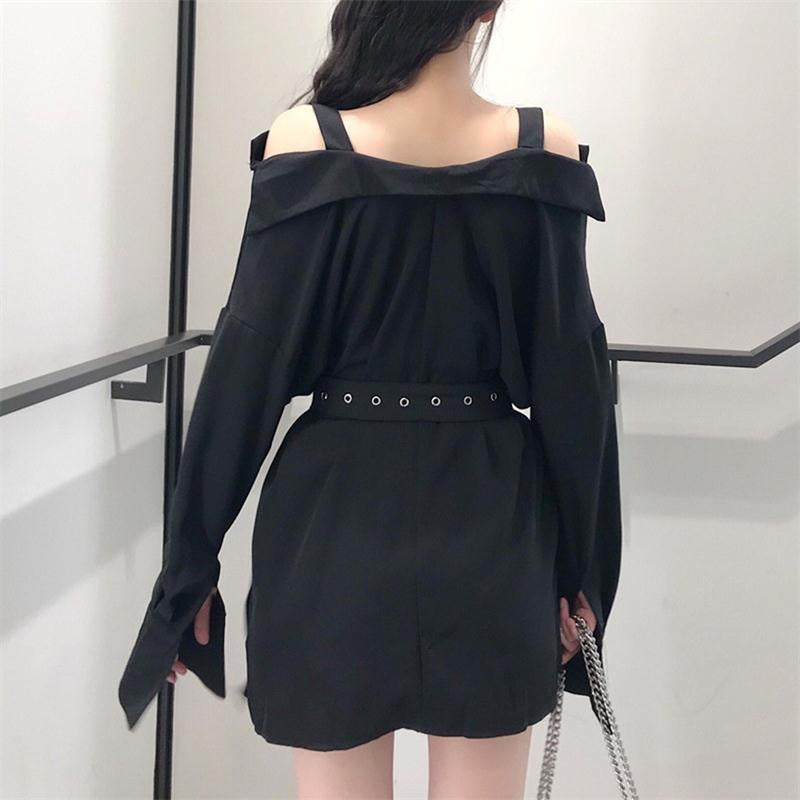 Sexy Mini Black Dress With Off Shoulder / Long Sleeve Casual Dress With Belt - HARD'N'HEAVY