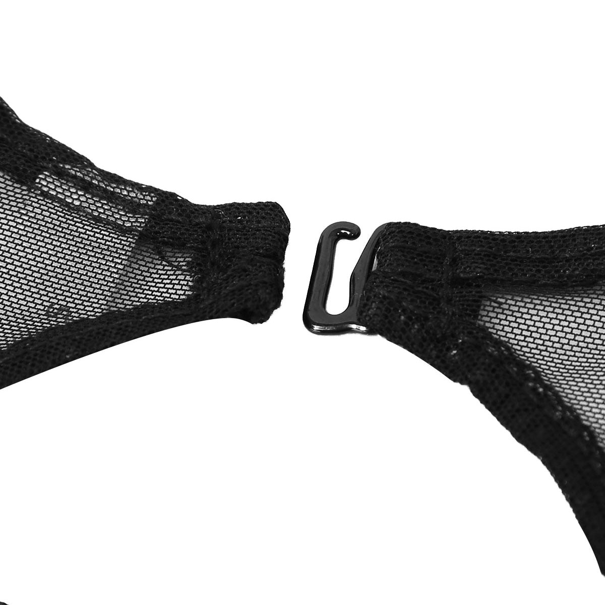 Close-up of a black mesh bodycon costume strap with a hook clasp, perfect for edgy summer night outfits.