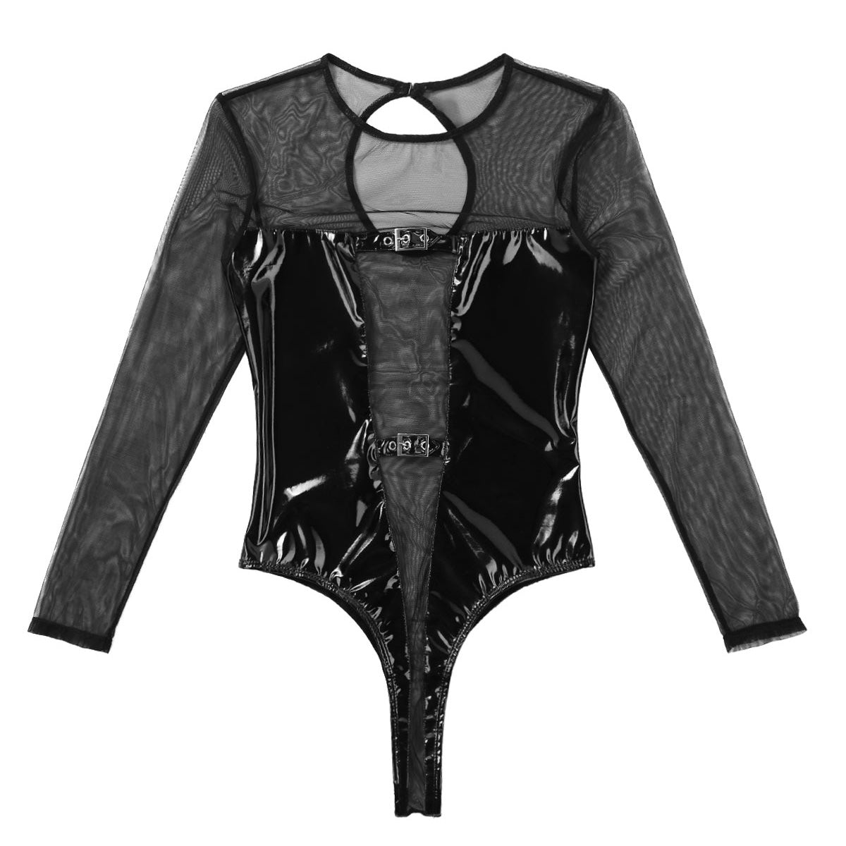 Sleek black bodycon costume with mesh sleeves and shiny latex for sexy nightlife appeal.