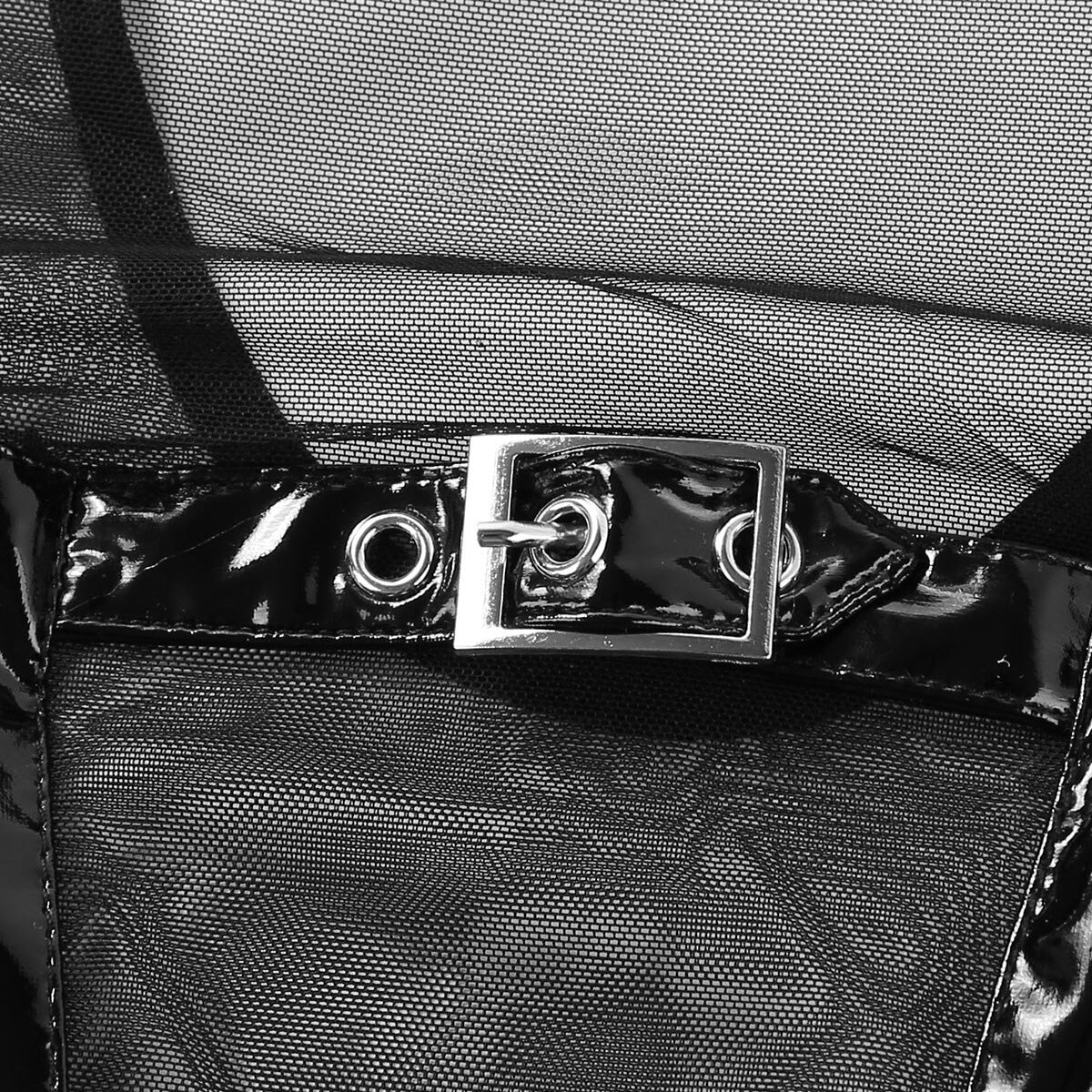 Close-up of a shiny black buckle on a sexy bodycon jumpsuit, showcasing its stylish goth apparel design.