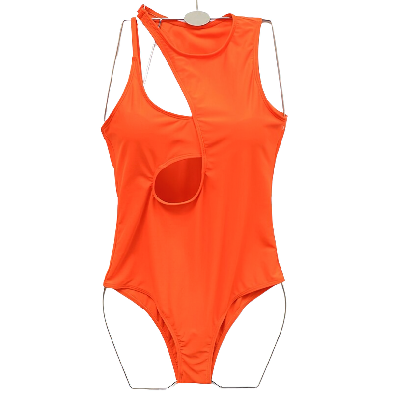Trendy orange one piece swimwear for women, featuring a stylish cut-out design and high neck. Perfect summer beachwear.