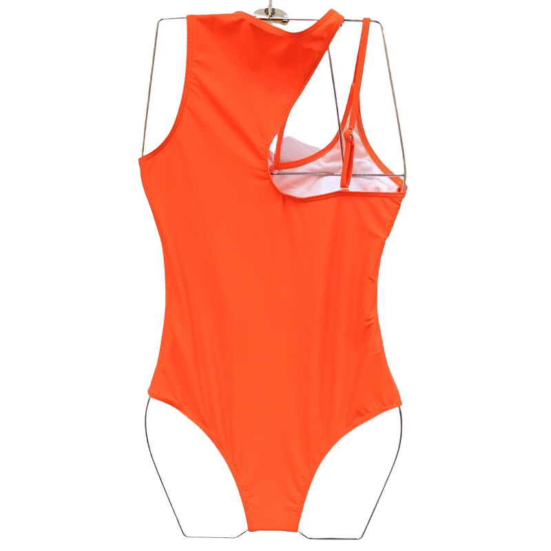 Stylish orange one piece swimwear for women with cut-out design and high neck for trendy summer vibes.