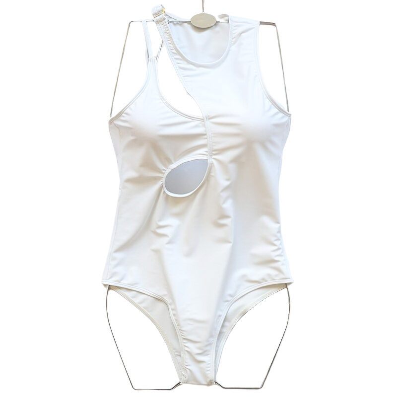 Stylish white one piece swimwear for women with a trendy cut-out design, perfect for summer fun.