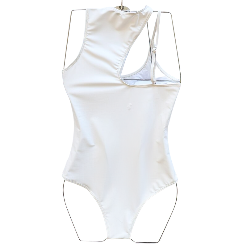 Elegant white one piece swimwear for women featuring a stylish cut-out and high neck design, perfect for summer.