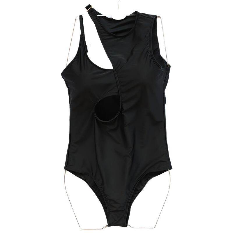 Stylish black one piece swimwear for women with cut out design and high neck, perfect for summer fashion.