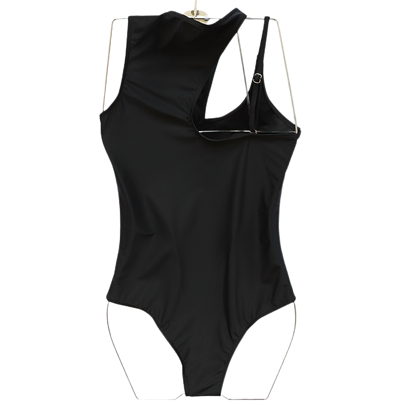 Black cut out one piece swimwear for women, stylish summer bodysuit with a modern high neck design.