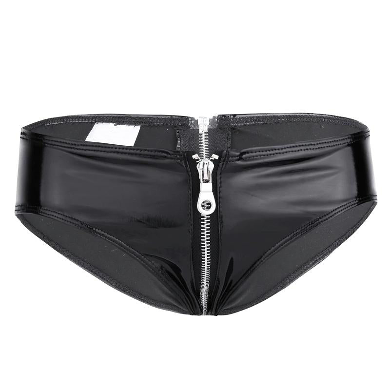 Sleek black shiny panties with a metal zipper, perfect for adding spice to intimate moments and stylish comfort.