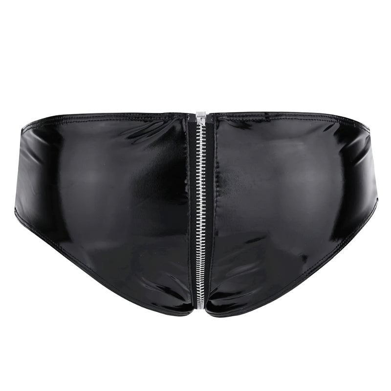 Sleek black leather panties with shiny metal zipper for women, perfect for intimate occasions and personal flair.