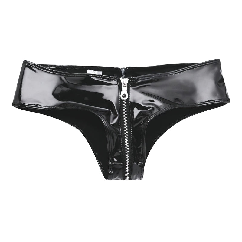 Sleek black shiny panties featuring a stylish metal zipper for women's intimate wear.