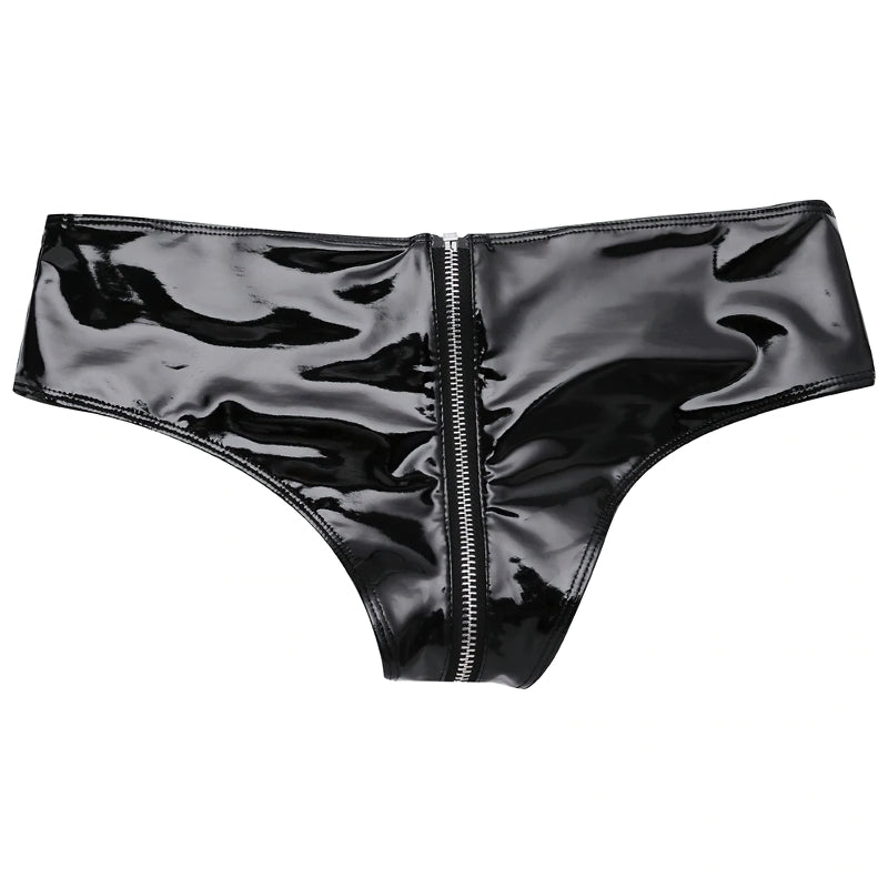 Black shiny women's panties with a metal zipper, perfect for intimate wear and adding style to any outfit.