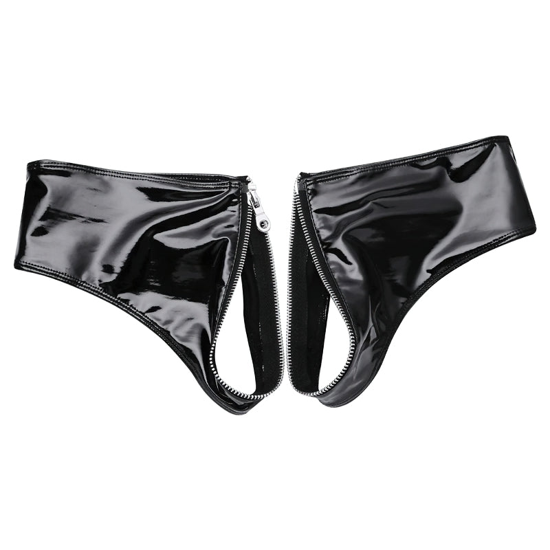 Sexy black panties with shiny metal zipper, sleek spandex design for women's intimate wear.