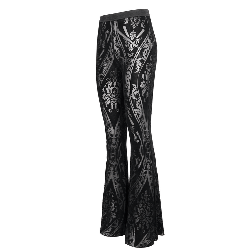 Sexy black flared pants with gothic pattern, slim fit style for women, perfect for a trendy wardrobe.