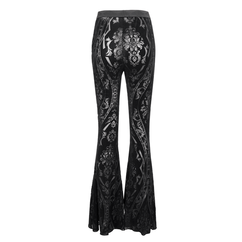 Back view of women's sexy black flared pants with gothic pattern, showcasing stylish flare cut and intricate design.