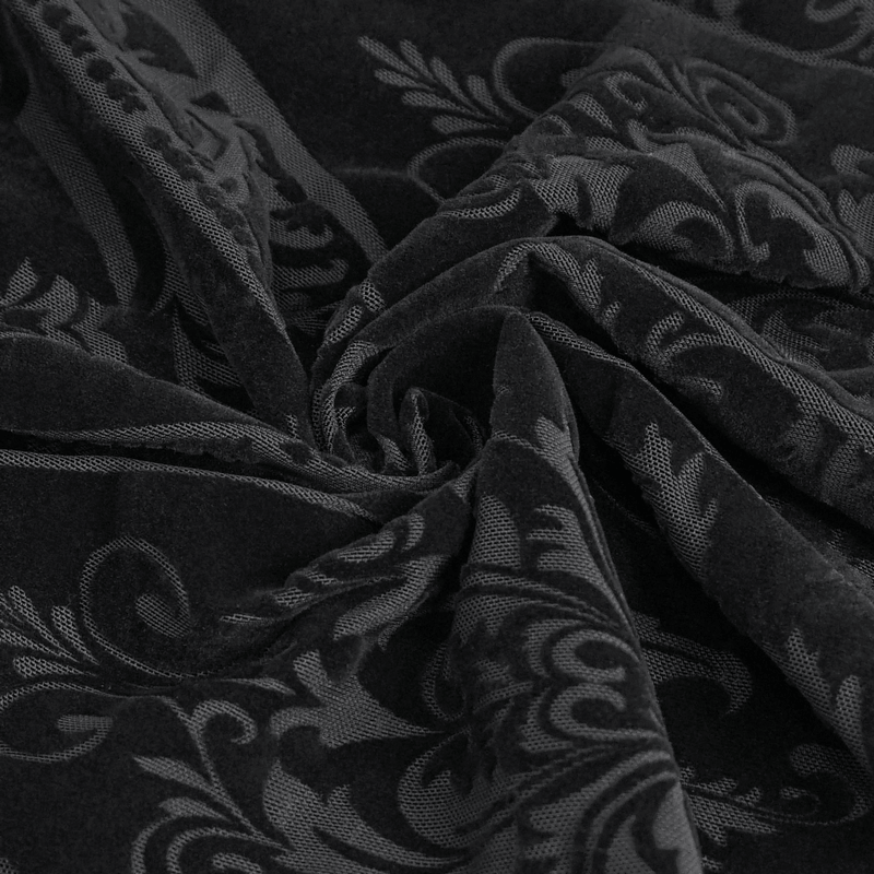 Close-up of black fabric featuring a stylish gothic pattern, perfect for women's flare pants.
