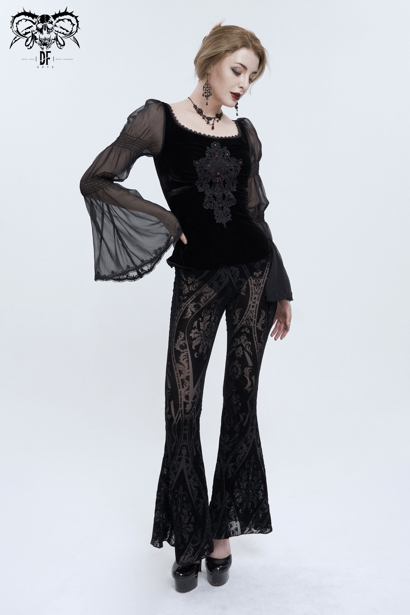 Gothic style women's black flared pants with stylish pattern, paired with a lace sleeve top for a trendy look.