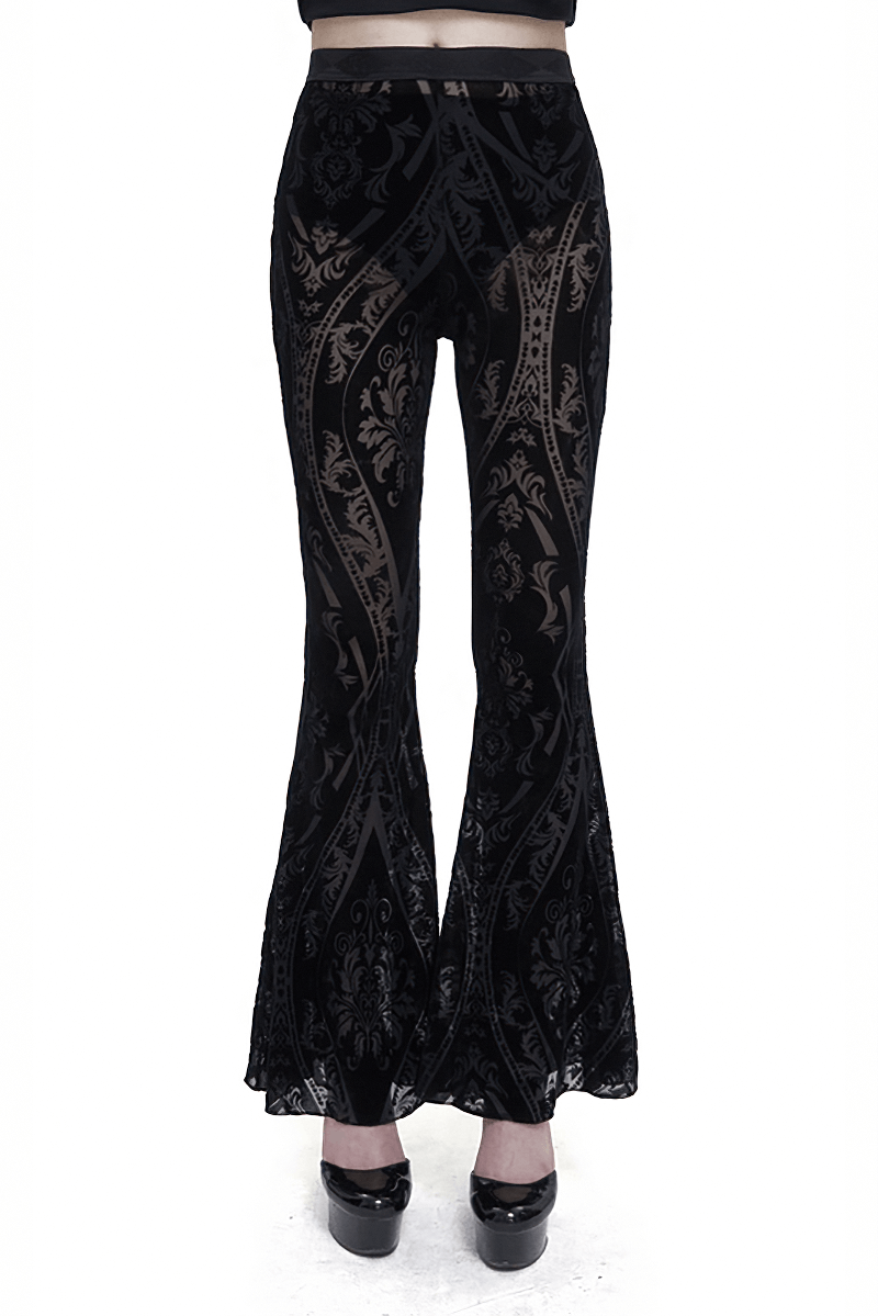 Women's black flared pants with gothic pattern, showcasing a stylish fit and flare design for trendy outfits.